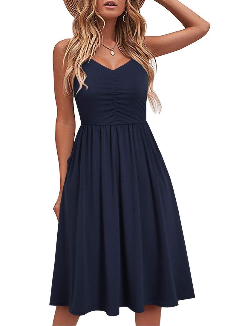 YATHON 2025 Cute Casual Dresses for Women Sleeveless Cotton Summer Beach Dress A Line Spaghetti Strap Sundresses with Pockets (XL, YT090-Navy) - Image 1